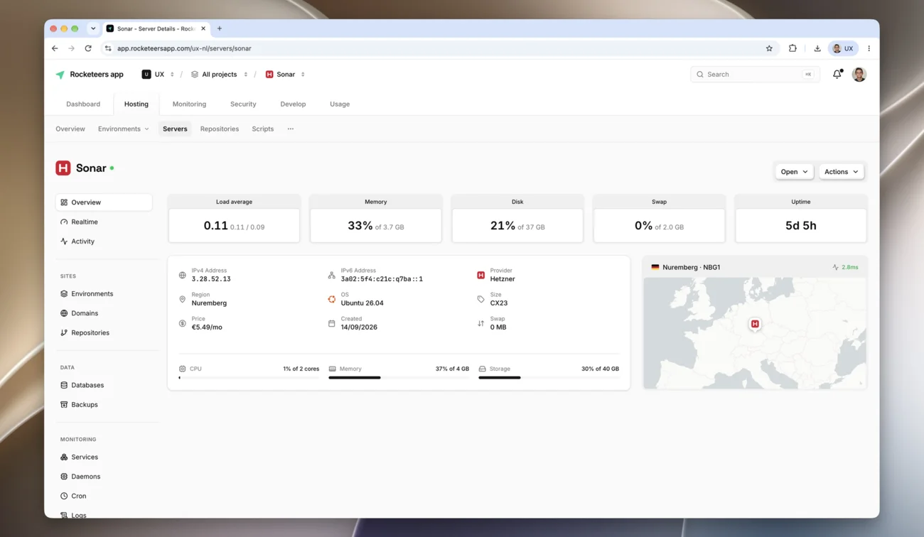 The Rocketeers server page for a Hetzner server called Sonar, showing load average, memory, disk, swap and uptime, alongside its IP addresses, region, OS, size, price and a map of its location.